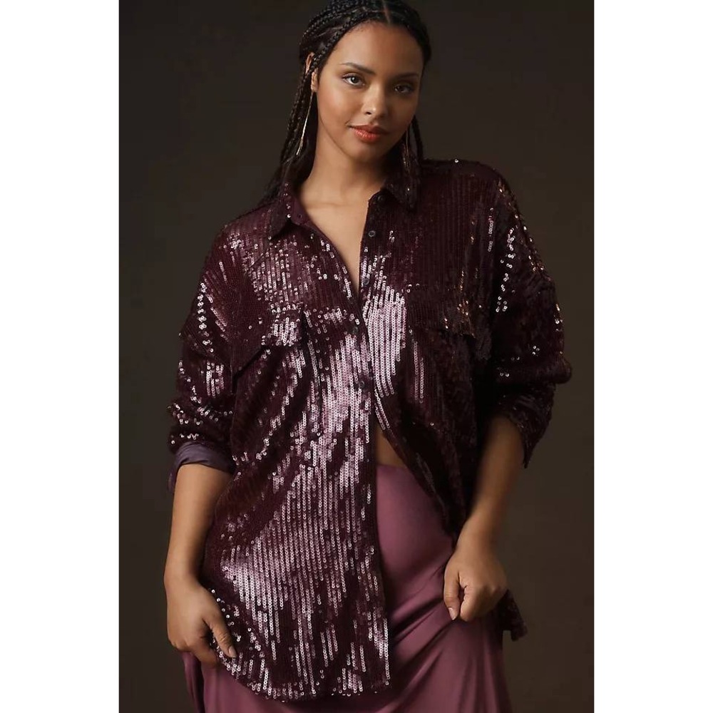 Pilcro Anthropologie Sequin Button Down Shirt Burgundy Wine Oversized 1X Festive